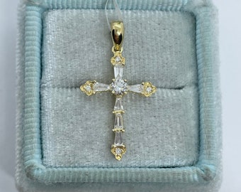 18K Gold Diamond Cross Pendant, Baguette and Round Cut Cross Necklace Natural Diamond