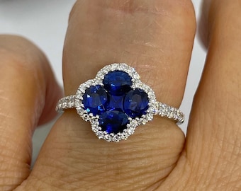 Floral Sapphire Ring, Diamond 18K White Gold Clover Design