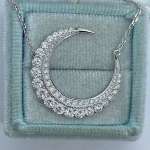 Diamond Moon Necklace, Crescent Moon Necklace, 18K White Gold Moon Diamond Necklace Art Deco Antique