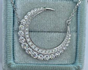 Diamond Moon Necklace, Crescent Moon Necklace, 18K White Gold Moon Diamond Necklace Art Deco Antique
