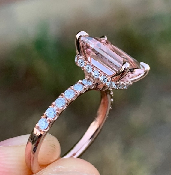 Rectangular Cushion Cut Morganite Engagement Ring with Diamond Prongs ⋆  Laurie Sarah