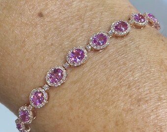 Hot Pink Sapphire bracelet 7" stack layer beaded gemstone strand 7" 18k gold