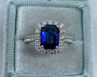 Natural Sapphire Ring, Octagon Sapphire Diamond Halo Ring, 18K White Gold Engagement Ring, GIA Certified