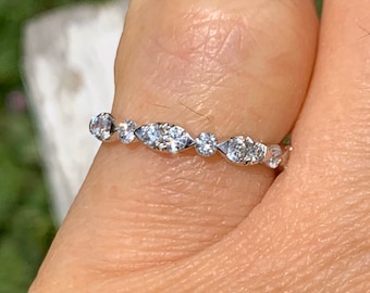 Marquise Round Shape Diamond Stacking Band Ring, 18K Yellow Gold Diamond Matching Wedding Band, Stackable Band Nesting Band 2.8mm