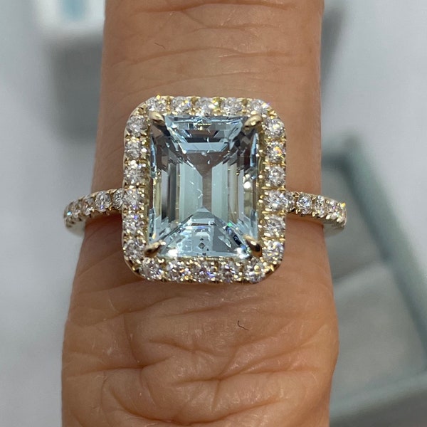 Aquamarine and Diamond Ring, Emerald Cut Aquamarine Engagement Ring, 14K Yellow Gold Genuine Aquamarine Ring Wedding Ring Promise Ring