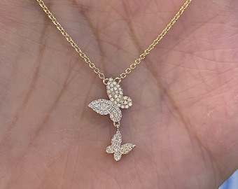14K Gold Diamond Double Butterfly Pendant Necklace, 0.19 Carat