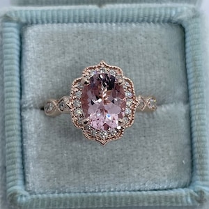 Peachy Pink Morganite Engagement Ring, 14K Rose Gold Morganite Ring, Art Deco Antique Morganite Ring, Morganite and Diamond Wedding Set