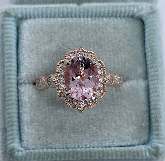 Peachy Pink Morganite Engagement Ring 14K Rose Gold Morganite
