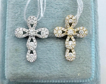 Dainty Diamond Cross Pendant, Solid 18K Gold Cross Diamond, Round Brilliant Cut Diamonds