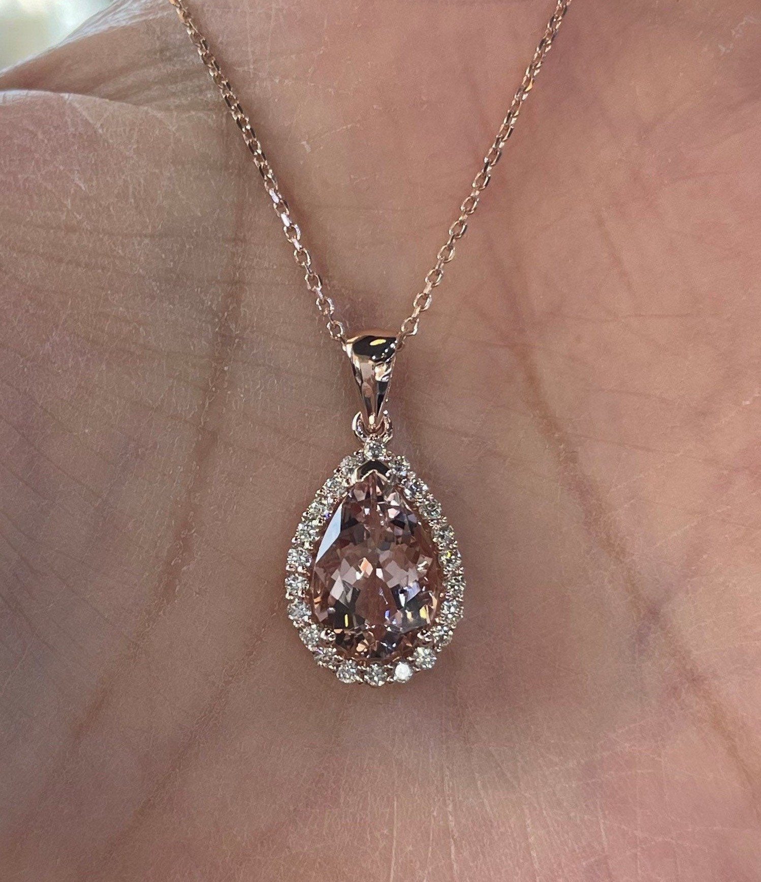 18ct Rose Gold 1ct Morganite and Diamond Necklace - Laings
