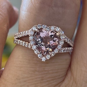 Heart Shaped Morganite Ring, 14K Rose Gold Morganite and Diamond Ring, Heart Morganite Ring