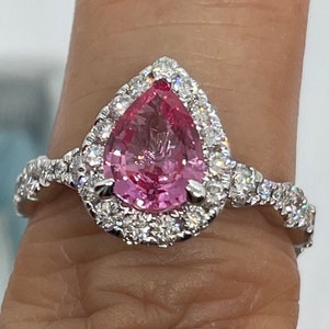 Padparadscha Sapphire and Diamond Ring, Natural Padparadscha Engagement Ring, Pear Halo Pink Sapphire Ring, High Quality