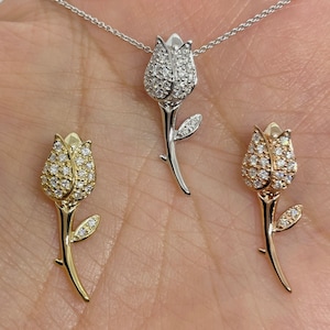 Diamond Rose Pendant, Rose Diamond Pendant, 14K Yellow Pendant Necklace