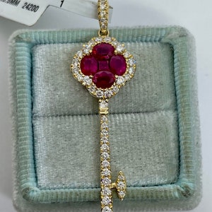 Ruby Key Necklace, 18K yellow gold diamond key pendant charm necklaces, Diamond Key, Ruby Diamond Key Necklace