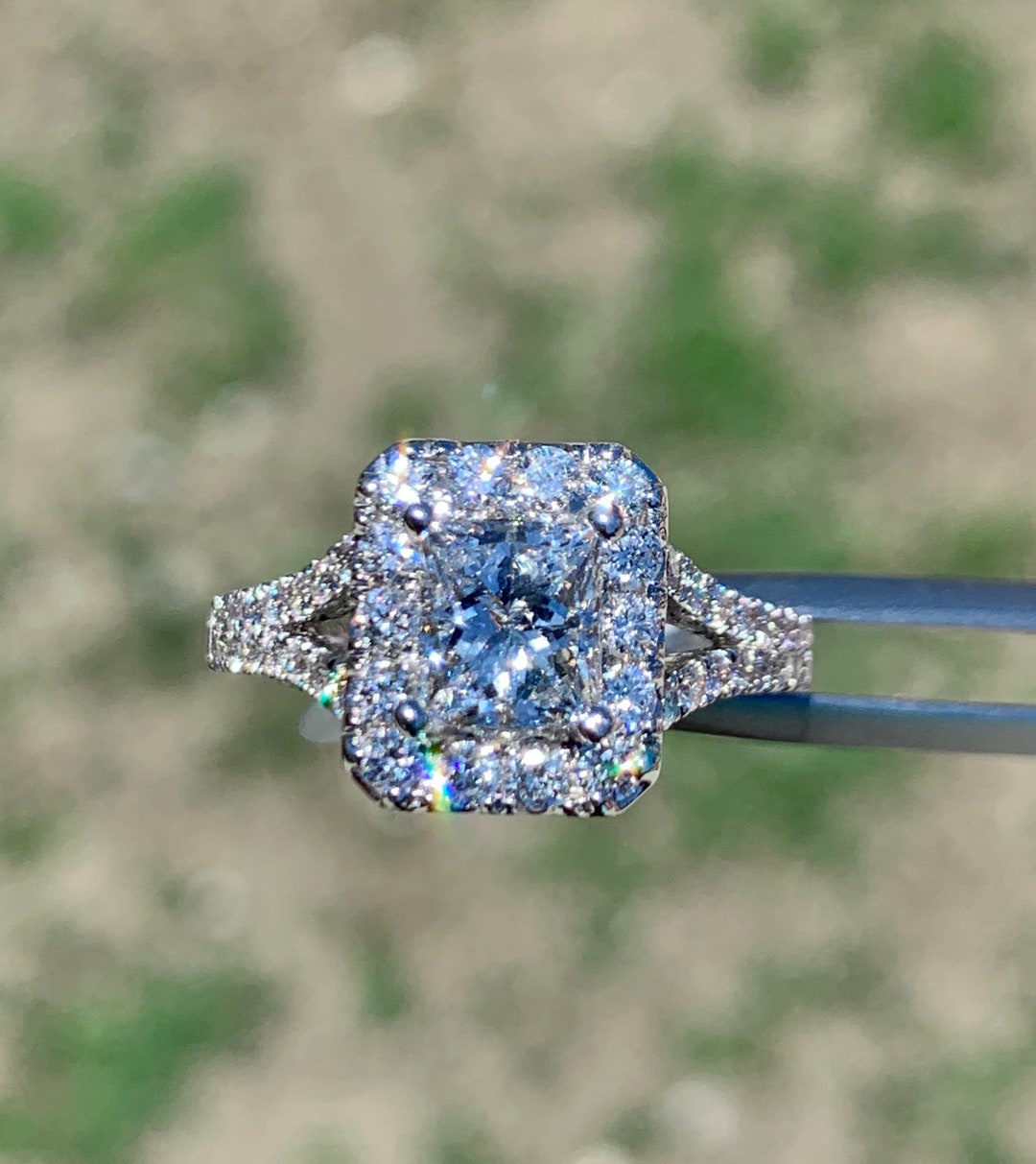 Radiant Cut Halo Diamond Engagement Ring, 18k White Gold Split Shank - Etsy