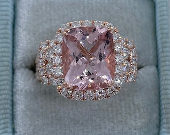 Natural Morganite Ring, Pink Cushion Morganite and Diamond 14K Rose Gold Ring