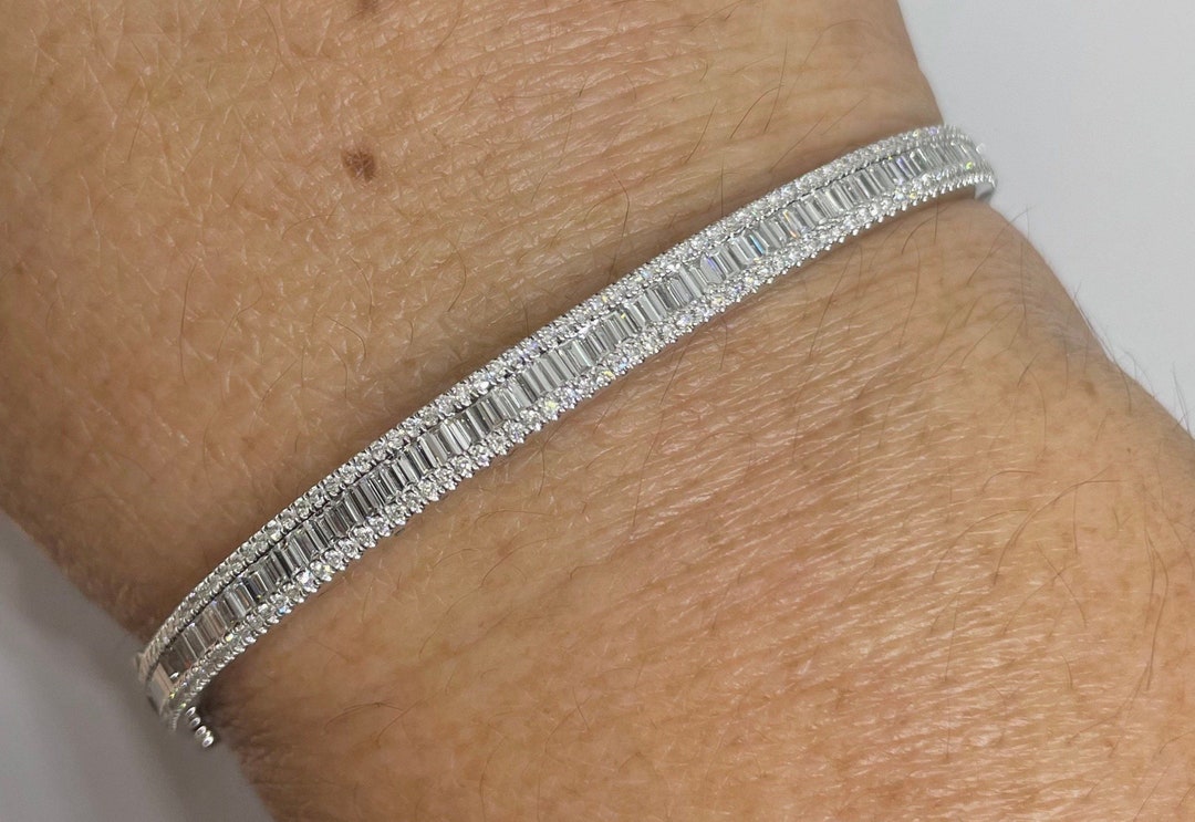 Baguette Diamond Bracelet, Diamond Bangle Bracelet, 18K White Gold