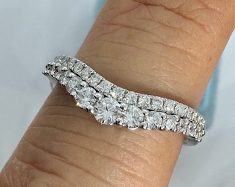 Curved Diamond Wedding Band, 14K Yellow Gold Crown Ring, Natural Diamonds