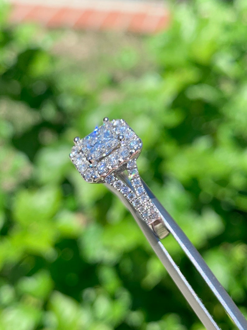 Radiant Cut Halo Diamond Engagement Ring, 18k White Gold Split Shank - Etsy