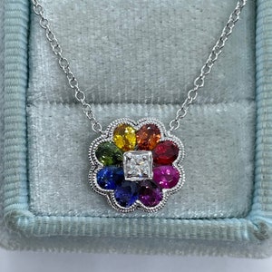 Rainbow Sapphire Necklace, Genuine Multi Color Sapphire and Diamond Pendant, 18K White Gold Dainty Flower Rainbow Pendant