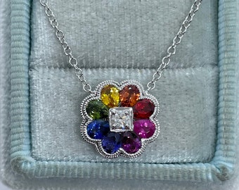 Rainbow Sapphire Necklace, Genuine Multi Color Sapphire and Diamond Pendant, 18K White Gold Dainty Flower Rainbow Pendant