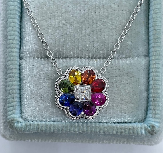 Rainbow Sapphire Necklace Genuine Multi Color Sapphire and Diamond Pendant 18K White Gold Dainty Flower Rainbow Pendant Etsy