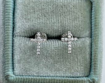 Tiny Cross Earrings, Dainty Cross Diamond Stud Earrings, Cross Diamond Earrings, 14K White Gold Cross Earrings