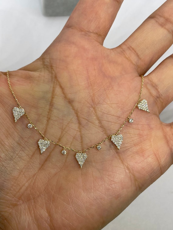 Dainty Diamond Heart Necklace 5 Hearts Necklace 14K Yellow Gold