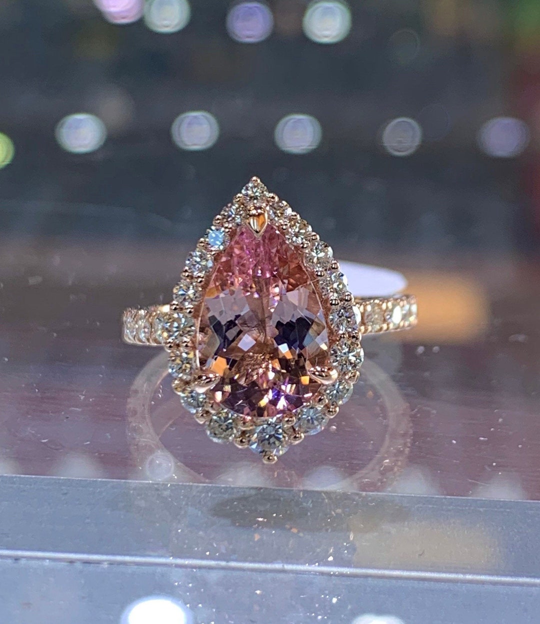 Pear Morganite Diamond Halo Ring, 14K Rose Gold Morganite Engagement ...