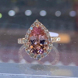 Pear Morganite Engagement Ring, Stunning Pear Cut Morganite and Diamond Ring 14K