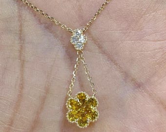 Yellow Sapphire Pendant, Yellow Sapphire and Diamond Necklace, Flower Pendant, Flower Necklace 14K Yellow Gold