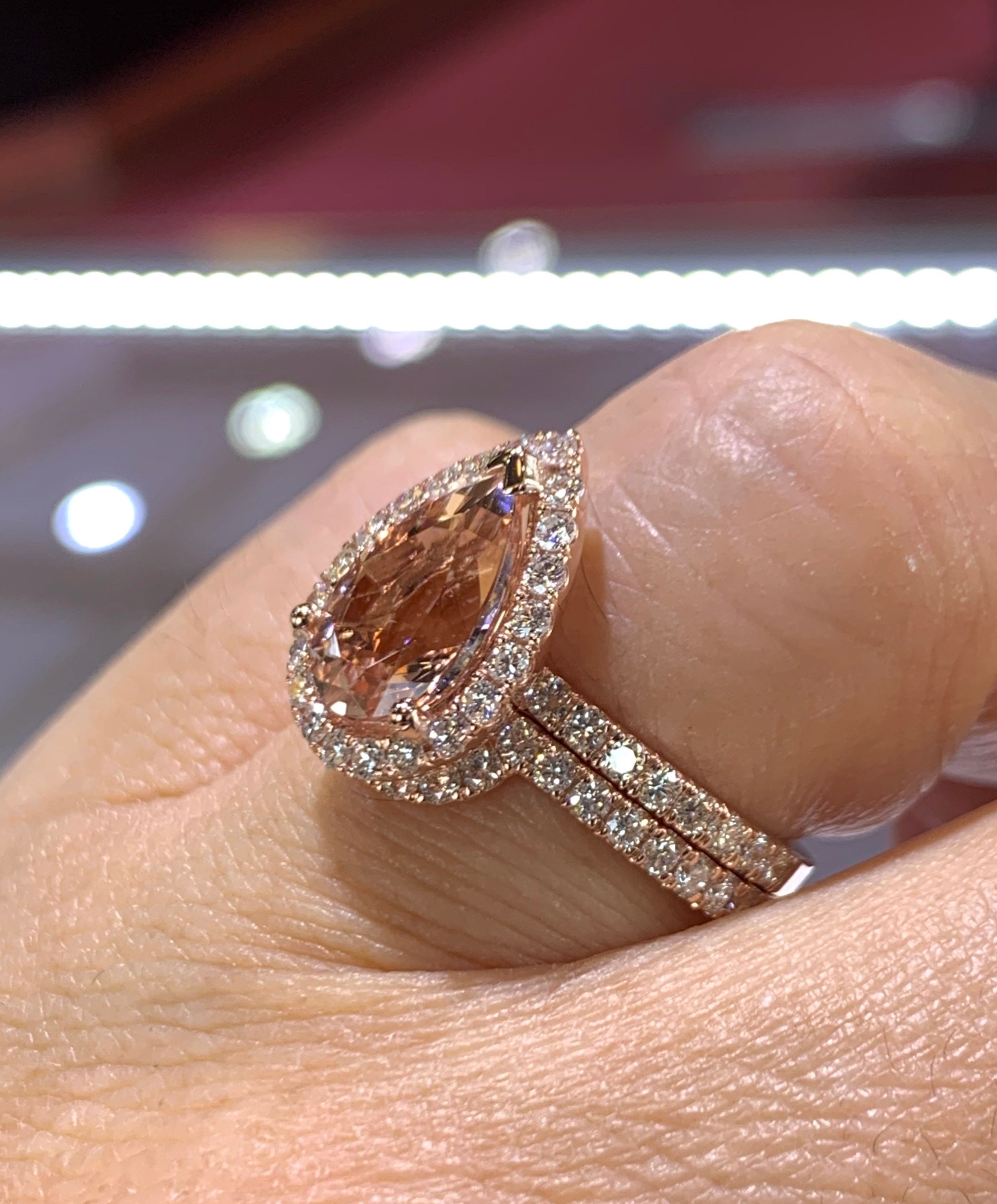 Pear Morganite Ring Set, 14K Rose Gold, Lab Diamond Halo - Etsy