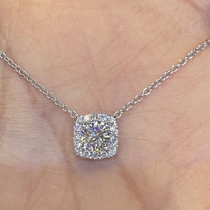 Diamond Solitaire Pendant, Cushion Cut Necklace, 18K White Gold Diamond Pendant Necklace, Halo Diamond Necklace 0.76 Carat Certified Natural