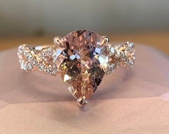 Pear Morganite and Diamond Engagement Ring, 14K Rose gold Pear Shape Morganite Diamond Ring Wedding Ring Promise Ring