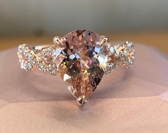 Pear Morganite and Diamond Engagement Ring, 14K Rose gold Pear Shape Morganite Diamond Ring Wedding Ring Promise Ring