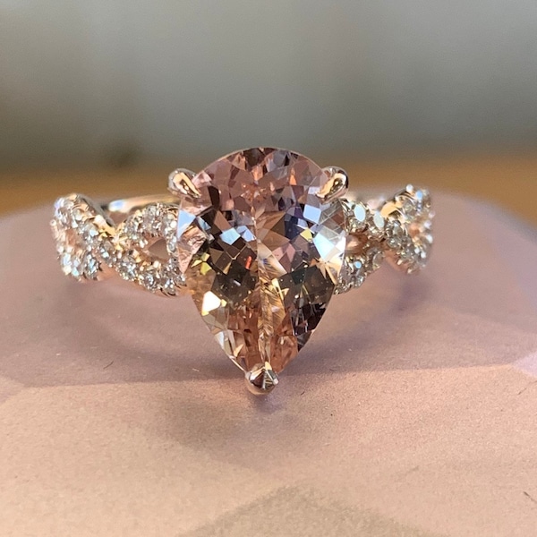 Pear Morganite and Diamond Engagement Ring, 14K Rose gold Pear Shape Morganite Diamond Ring Wedding Ring Promise Ring