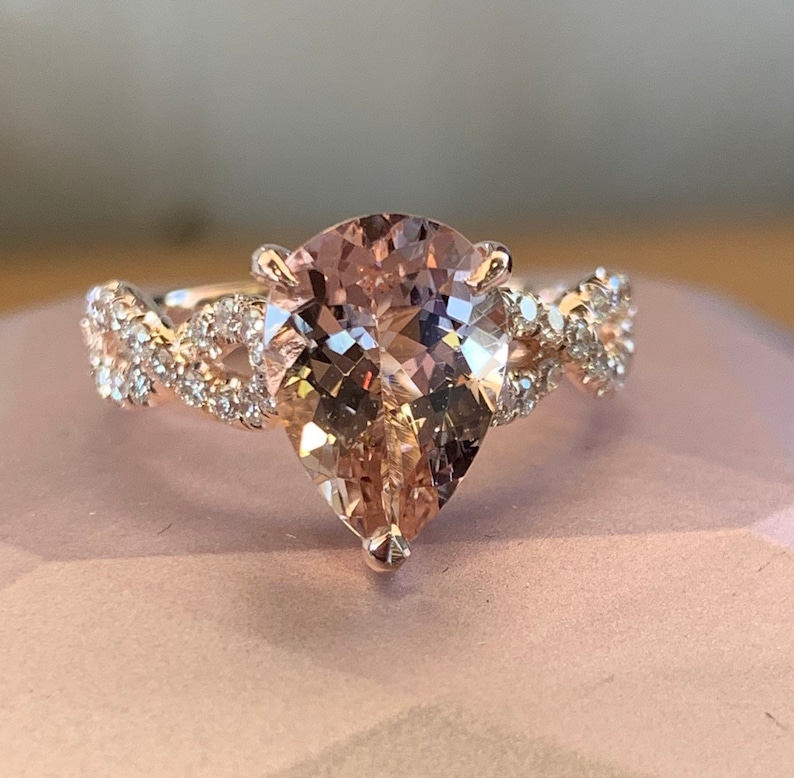 Pear Morganite and Diamond Engagement Ring, 14K Rose Gold Pear Shape ...