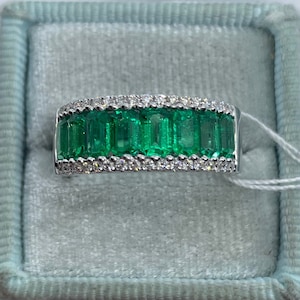 Emerald and Diamond Band, Genuine Emerald Ring, Colombian Emerald Band, 18K White Gold Emerald Diamond Band