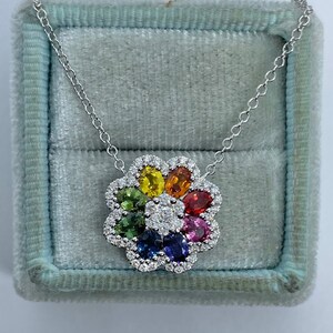 Rainbow Sapphire Necklace, Genuine Multi Color Sapphire and Diamond Pendant, 18K White Gold Rainbow Flower Necklace, Rainbow Pendant
