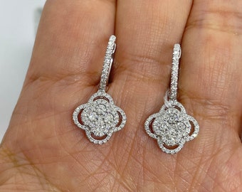 Dangling Diamond Earrings, Flower Diamond Drop Earrings, Diamond Dangle Earrings White Gold 18K 1.33 Carats