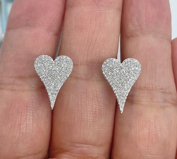 14K White Gold Heart Diamond Earrings Heart Stud Earrings