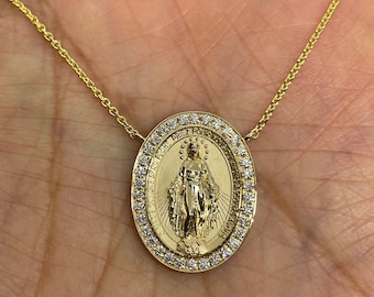 Miraculous Medal Gold Necklace, 18K White Gold Miraculous Medal, Our Lady Miraculous Medal