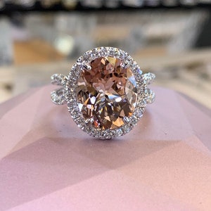 14K Genuine Morganite Diamond Engagement Ring Oval Halo - Etsy