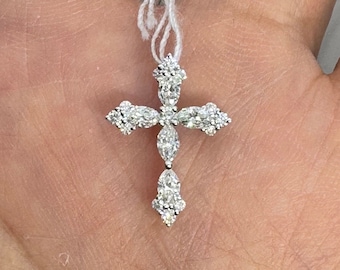 Dainty Marquise & Round Diamond Cross Pendant, 18K White Gold