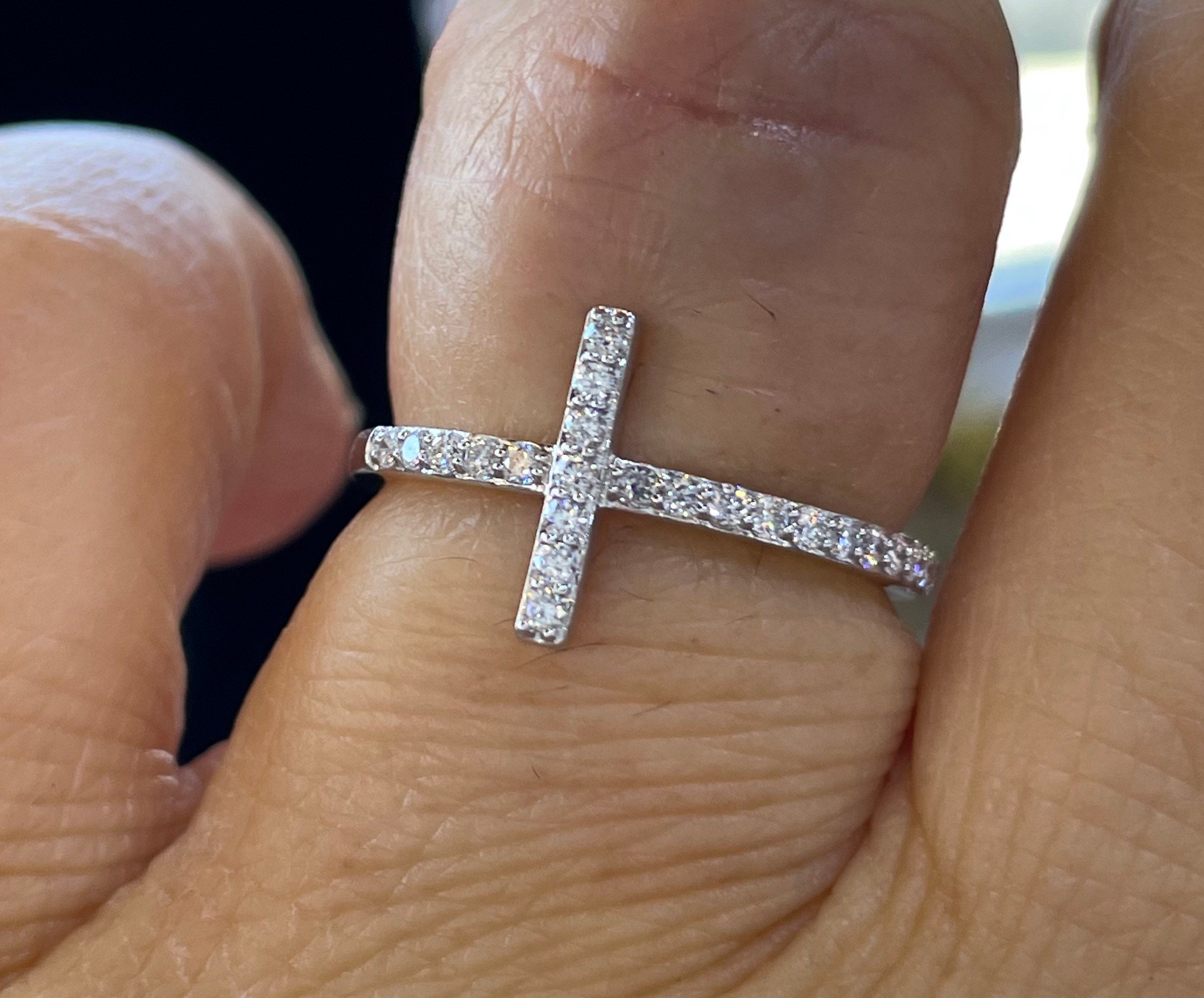 Diamond Cross Ring, 14K White Gold Sideways Cross Ring, Dainty