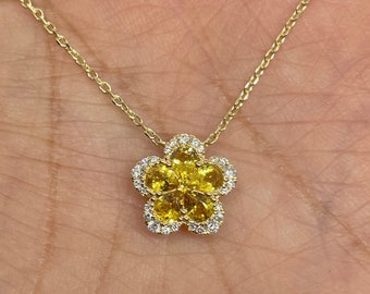 Flower Pendant, Yellow Sapphire Pendant, Yellow Sapphire and Diamond Necklace, Flower Necklace 14K Yellow Gold