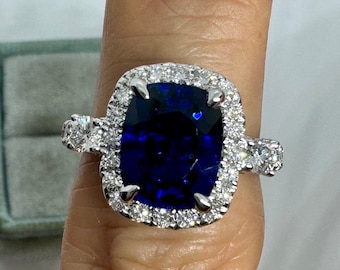 18K White Gold Sapphire and Diamond Ring, Sapphire Diamond Ring, Lab Sapphire Engagement Ring