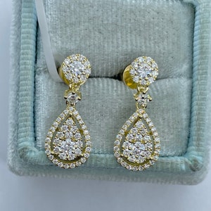 Pear Diamond Earrings, Dangling Diamond Earrings, Pear Halo Earrings, Diamond Dangle Earrings, Pear Dangle Diamond Earrings 18K Yellow Gold