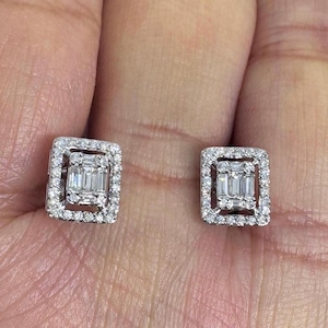 Emerald Cut Halo Earrings, Diamond Stud Earrings, Emerald Cut Studs, Emerald Cut Diamond Earrings 14K White Gold