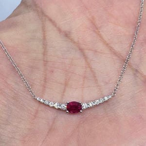 Dainty Ruby Diamond Pendant, 18K White Gold Dainty Ruby Necklace, Genuine Ruby Bar Necklace
